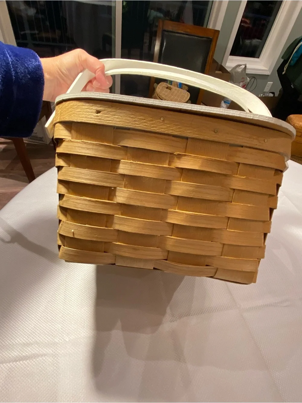 Woven Straw picnic basket w/White Handles red checkered lining